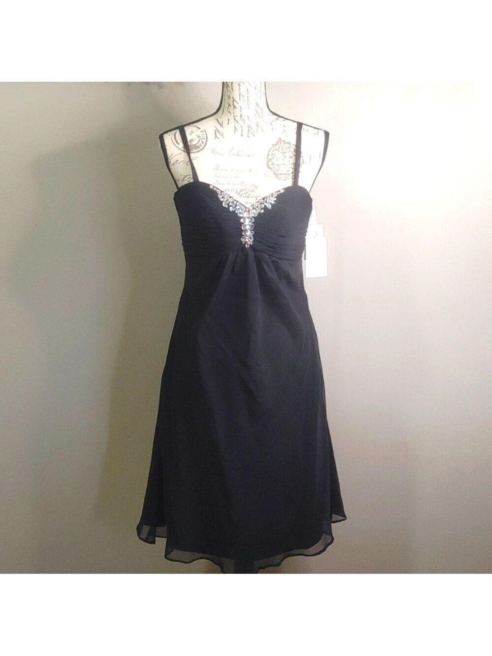 NWT Vintage Da Vinci Little Black Dress With Jeweled Bust Rouching Sz 10